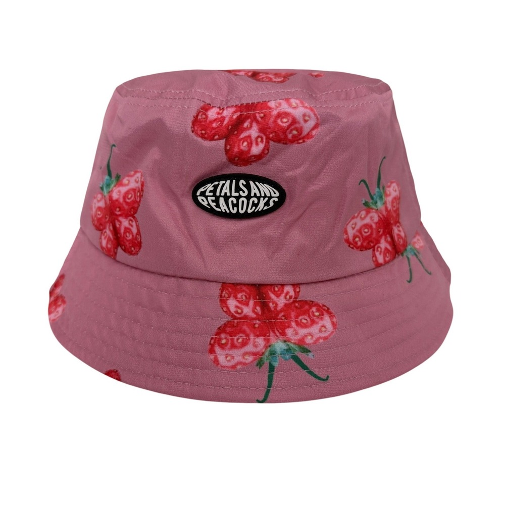 Petals and Peacocks Pink Strawberry Print Bucket Hat One Size Logo Patch